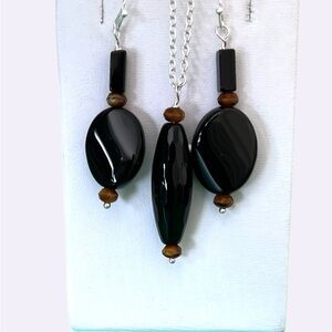Silver plated Black crystals and tigers eye Jewelry Set